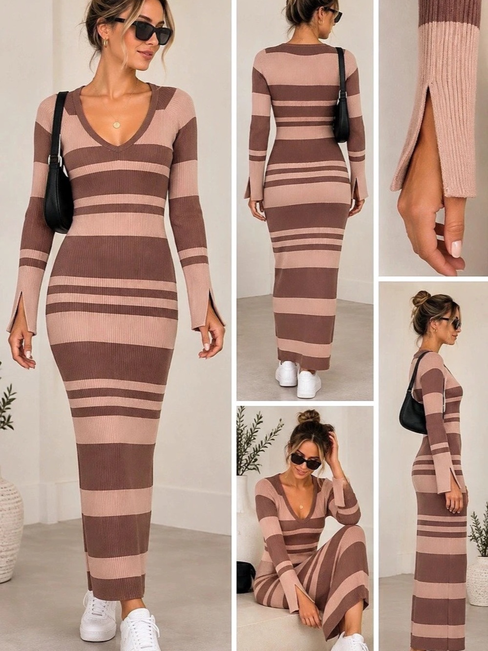 Lelis Striped Maxi Sweater Dress in Brown & Tan 
Size Medium NWT